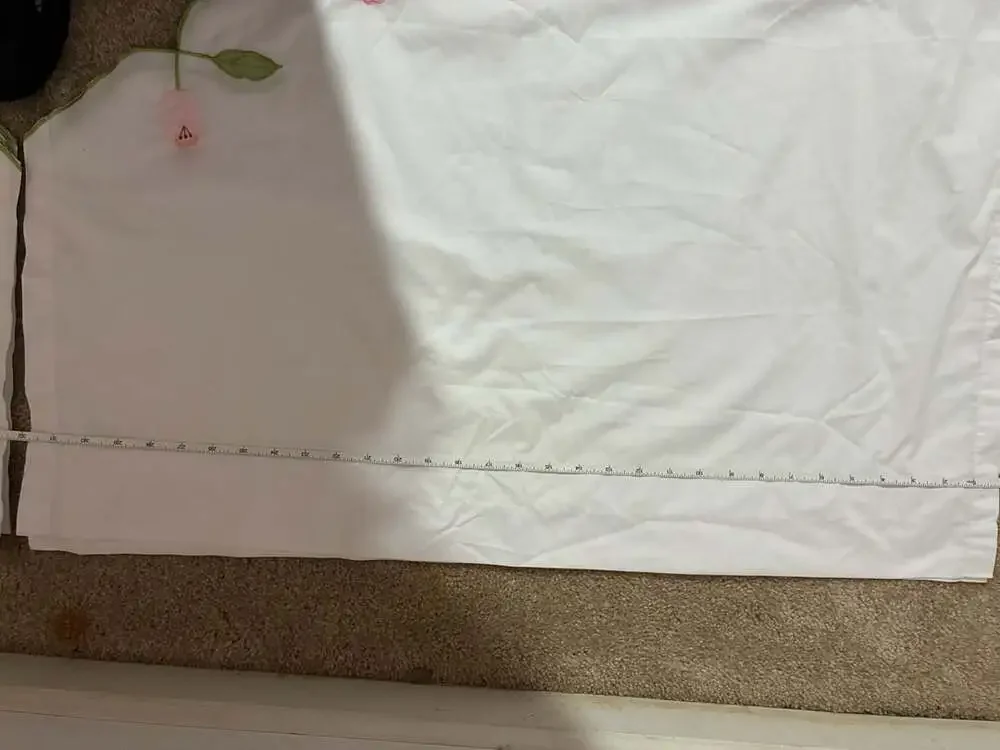 Virginia White Curtain Valance Embroidered Pink Tulips & Green Stem Scalloped Ed